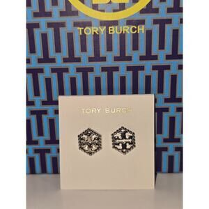 Tory Burch Milgrain Hexagon Double T Logo Silver Stud Earrings - NWOT